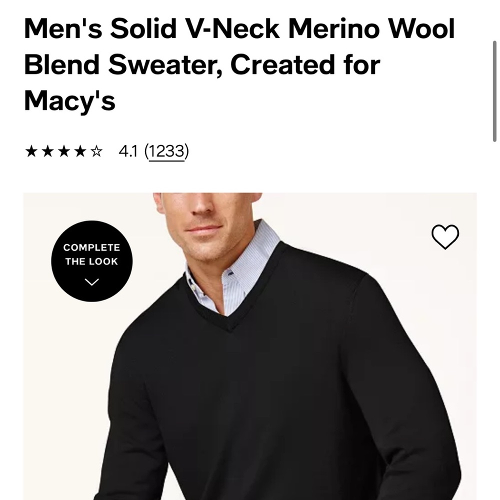 Men’s medium V-neck sweater. New w/tags in pkg.  Deep black.Merino wool blend